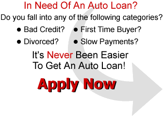 In need of an Auto Loan? Do you fall into any of these categories? Bad Credit? First Time Buyer? Divorced? Slow Payments? It's never been easier to get an Auto Loan! Apply Now